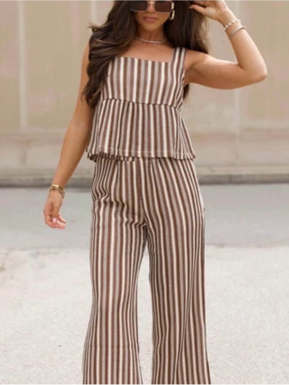 Brown and White Striped Knit babydoll Tank Top